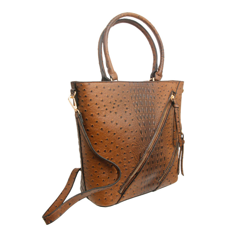 Dark Brown Ostrich Zipper Tote Bag Set