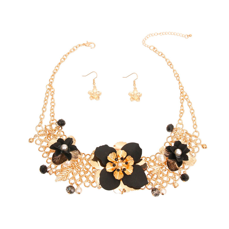 Gold Chainmail Black Flower Statement Necklace