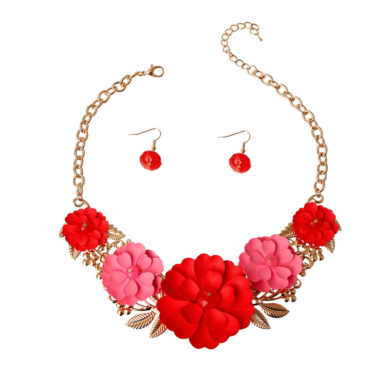 Red Metal Flower Necklace Set