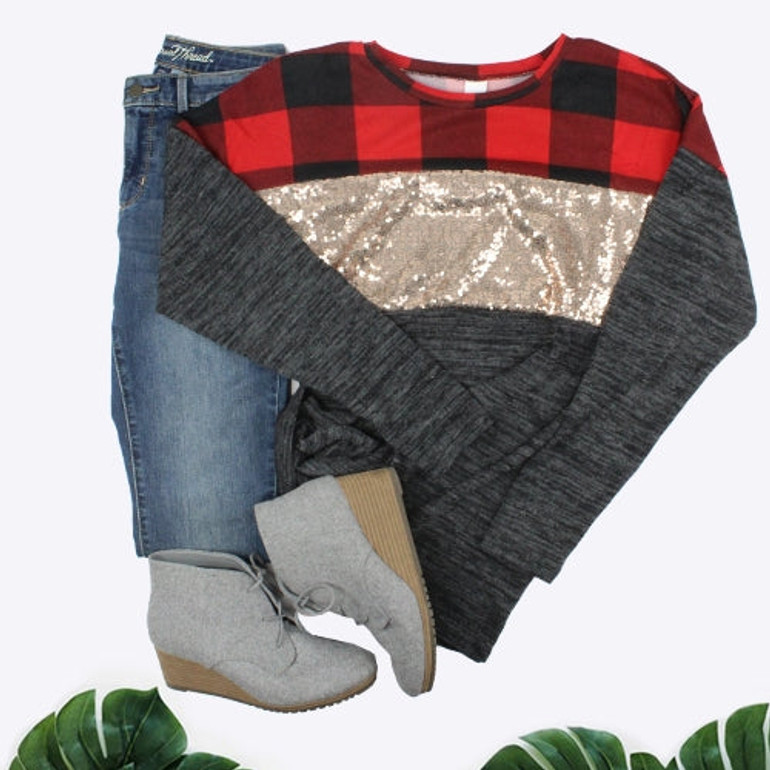 Long Sleeve Color Block Top with Sequin