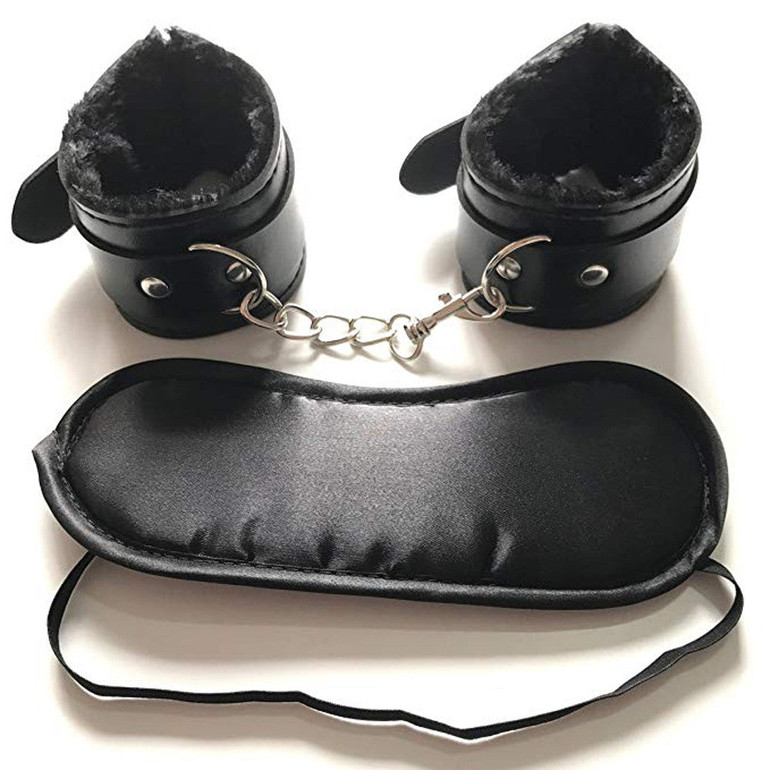 Sexy Adjustable PU Leather Plush Handcuff Ankle Cuff With Blindfold Eye Mask Restraints Bondage Sex Toy Restraints Sex Bondage