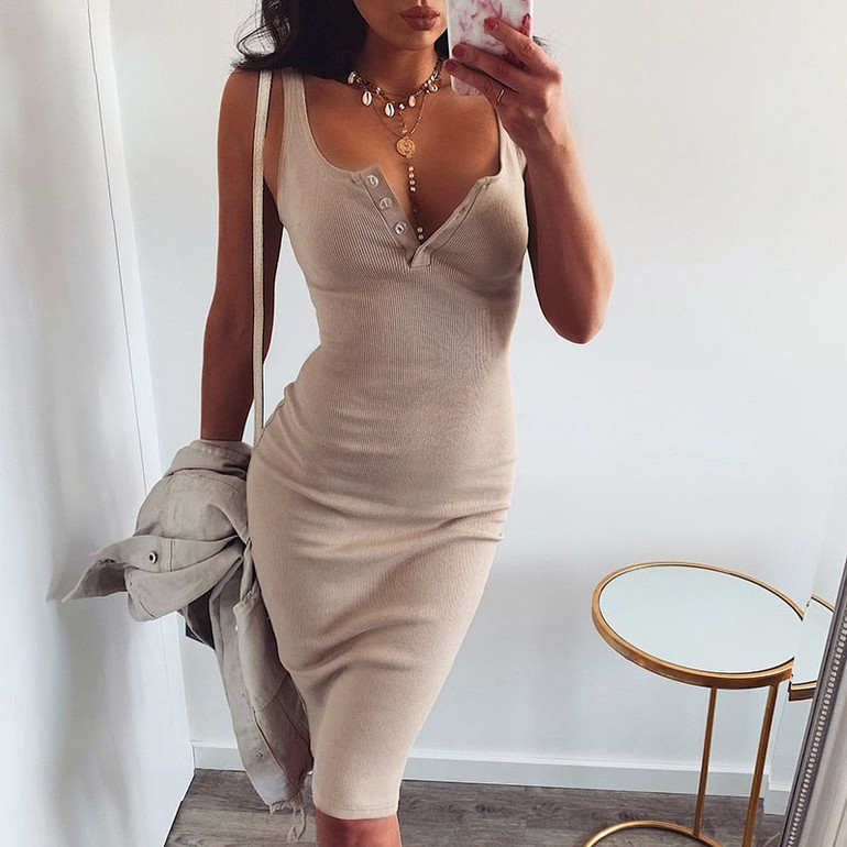 WannaThis Knee-Length Dress Knitted Elastic Sleeveless Bodycon elegant Women Summer Sexy V-Neck Button Party Slim Dresses WannaThis Knee-Length Dress Knitted Elastic Sleeveless Bodycon elegant Women Summer Sexy V-Neck Button Party Slim Dresses