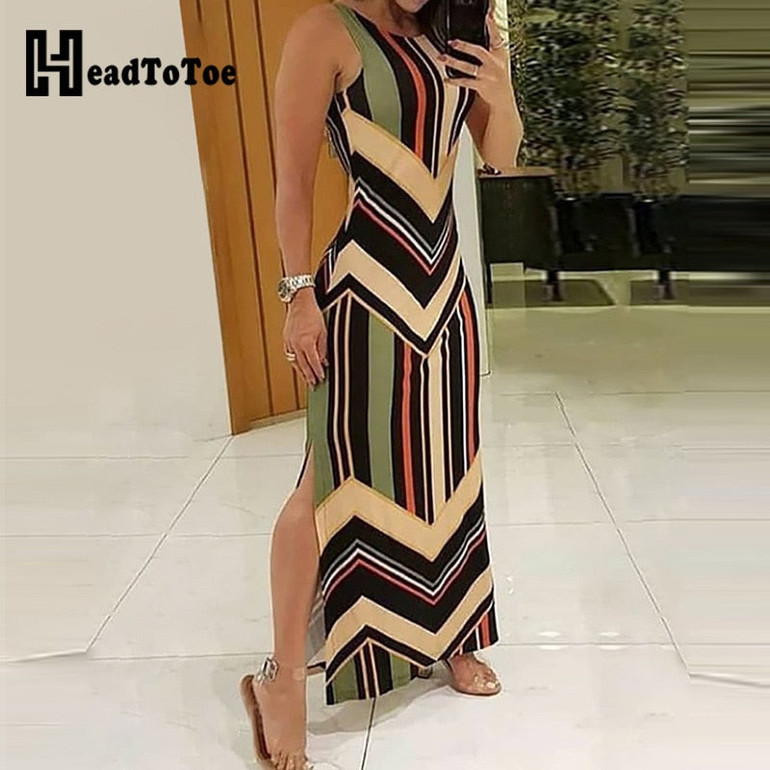 VESTIDOS MEJOR VENDIDOS Colorful Striped Print Side Slit Maxi Dress Women Colorblock Sleeveless Slim Long Dresses