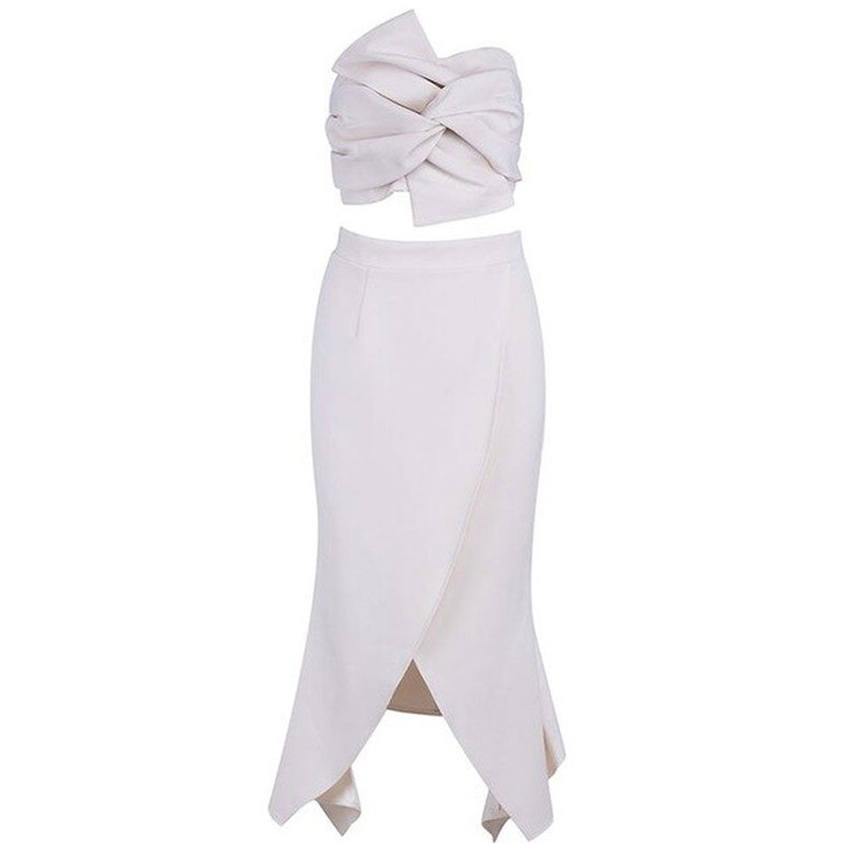 Women Elegant Strapless Cropped Tops & Split Skirt 2 Two Pieces Set  Dress