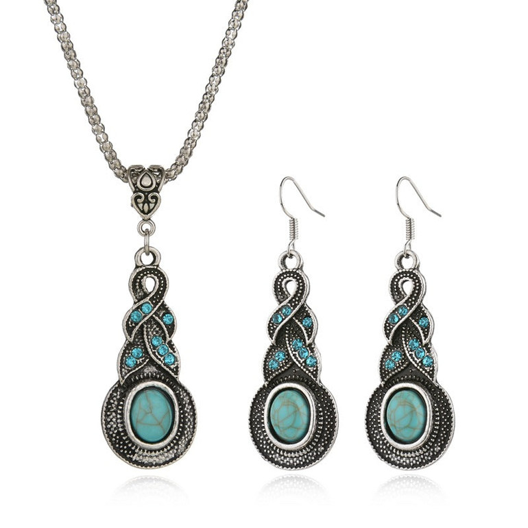 Tibetan Silver CZ Crystal Chain Pendant Necklace Earrings Set