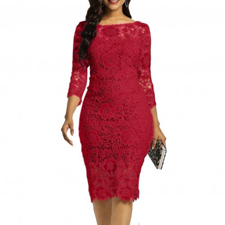 Elegant Round Neck Lace  Long Sleeve  Party Dress For Women