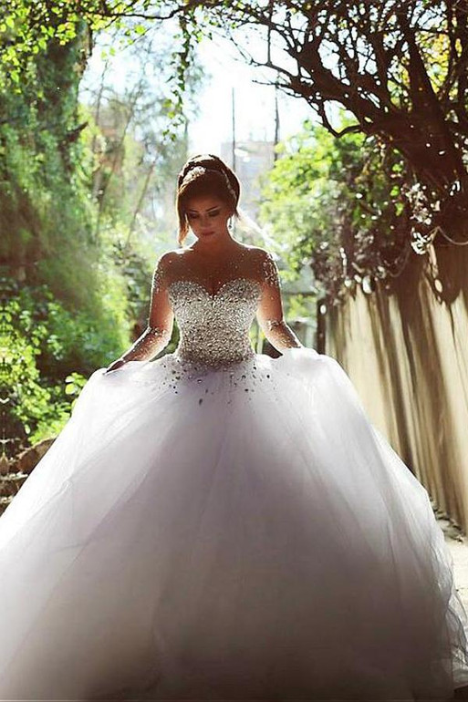onlybridals Vintage Long Sleeve Beadings Ball Gown Tulle Wedding Dress