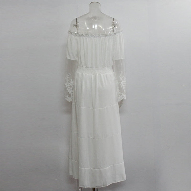 Women’s Off Shoulder Maxi Dress Bell Sleeve Lace Patchwork High Waist Cocktail Party Wedding Bridesmaid Dress