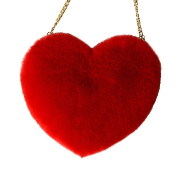 Fashion Women's Heart Shaped Faux Fur Crossbody Wallet Purse Chain Shoulder Bag