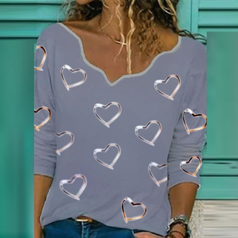 Elegant V Neck Long Sleeve Autumn Blouse Woman Heart Cartoon Print Casual Shirts 2020 Fashion Streetwear Women Tops Pullover 3XL