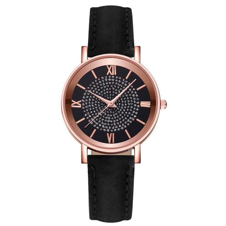 Starry Sky Dial Women Fashion Roman Scale Rhinestone Leather Wrist Watch