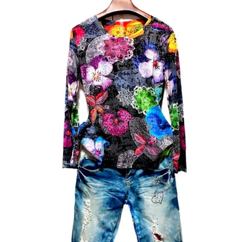 Floral print t shirt women Plus size 4XL  autumn long sleeve graphic tees modis slim tshirt