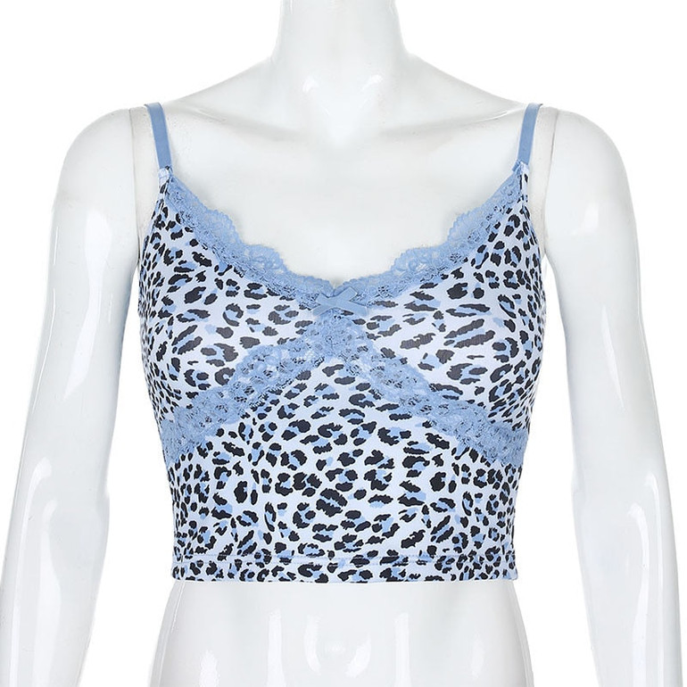 Lace Leopard Spaghetti Strap Top Sleeveless 90s Crop Top Tee Frill