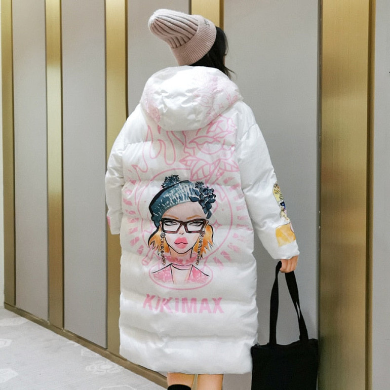 Winter Character Print Parka Women Thick Hooded Parka Jacket Loose Zipper Cotton