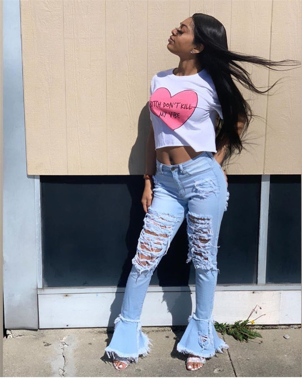 Ripped Jeans For Women High Waist Jeans Vintage Flare Jeans