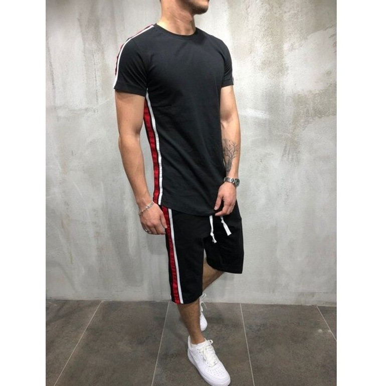 2 piece casual short sleeve o-neck fashion printed cotton t shirt and shorts men