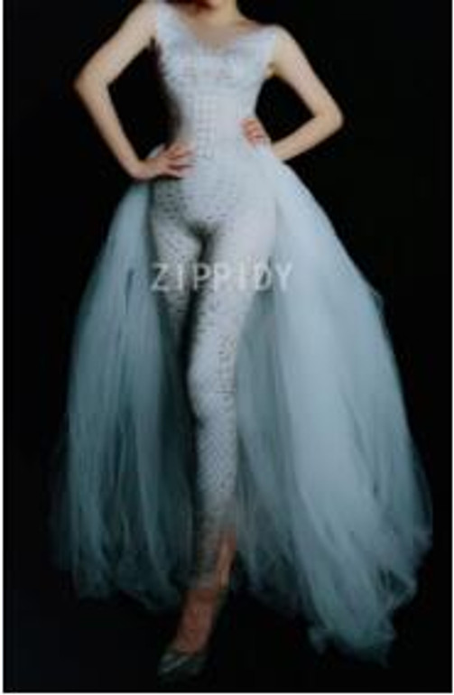 Silver Rhinestones Spandex Jumpsuit White Mesh Tail Birthday Celebrate Bodysuit Outfit Women Singer Dance Leggings Outfit