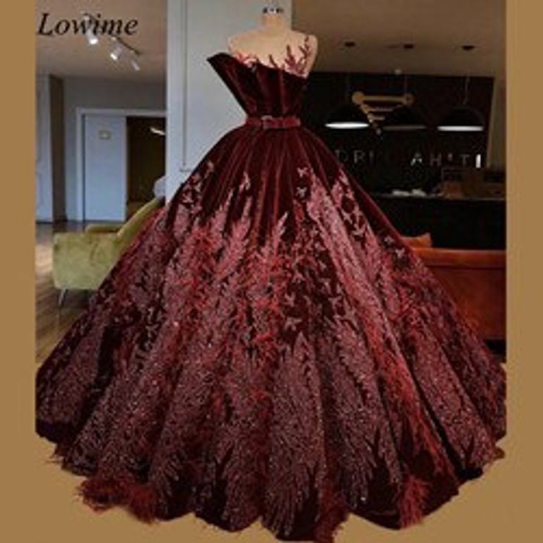 Luxury Dark Burgundy Celebrity Dresses 2019 Sheer Neck Velvet Arabic Evening Red Carpet Prom Party Gowns With Sash Feathers
