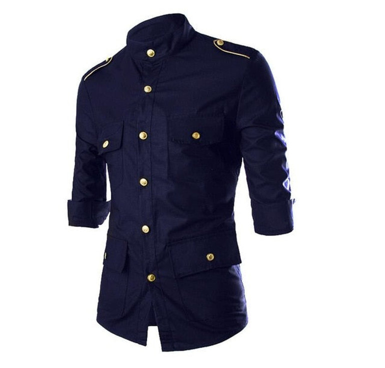 Men Shirt 2019 Fashion Korean Wild Long Sleeve Casual Shirts Men Epaulet Buttons Decorate Uniform Slim Fit Men's Clothing Black