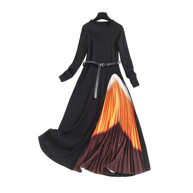 TWOTWINSTYLE Vintage Irregular Printed Dress For Women O Neck Long Sleeve High Waist With Sashes Midi Dresses Female Fashion New TWOTWINSTYLE Vintage Irregular Printed Dress For Women O Neck Long Sleeve High Waist With Sashes Midi Dresses Female Fashion New