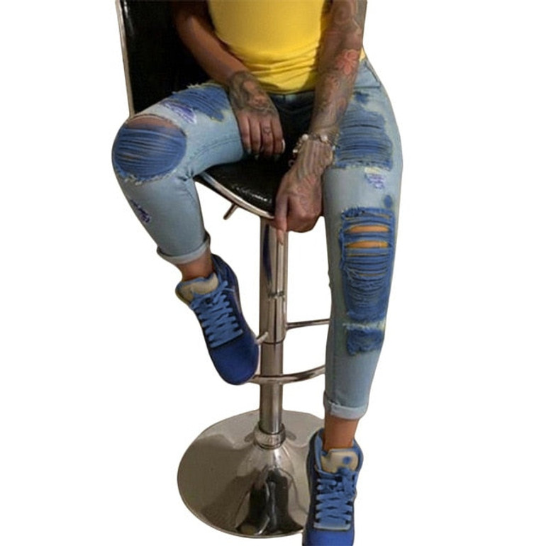 2020 New Fashion Ripped Jeans For Women Scratch Denim Trousers High Waisted Skinny Pencil Pants Hollow out Sexy Female Jeans