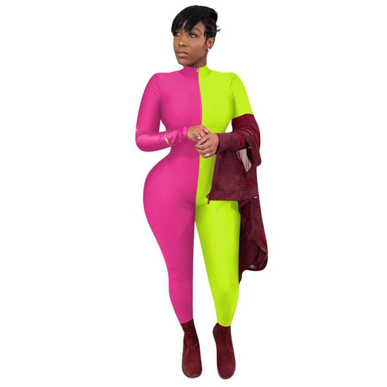 ANJAMANOR Front Zipper Long Sleeve Bodycon Jumpsuit Women Neon Color Black Sexy One Piece Clubwear Outfits Fall Winter D41-AD63