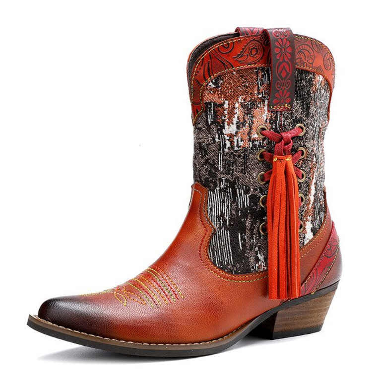 Retro Cowboy Cossacks Ankle Boots Tassels Genuine Leather Western Botas Mujer Fringe Painted Ethic Booties Bohemian Casual Shoes