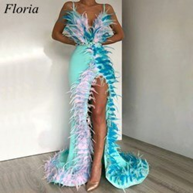 Modest Arabic Sexy Celebrity Dresses Mermaid 2019 Long High Side Split Spaghetti Sleeveless Feathers Evening Red Carpet Gowns
