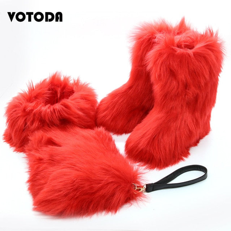 Winter Women Fox Fur Snow Boots Bag Headband Set Fluffy Faux Fur Botas Mujer Luxury Furry Plush Boots Ladies Warm Fox Fur Shoes