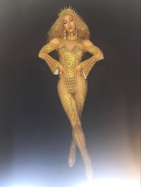 Luxury Gold Rhinestones Jumpsuit Women's Stretch Bodysuit Outfit Bling Stage Clothing Nightclub Sparkly Costume Stones Wear