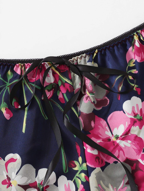 Lace Trim Floral Lingerie Set