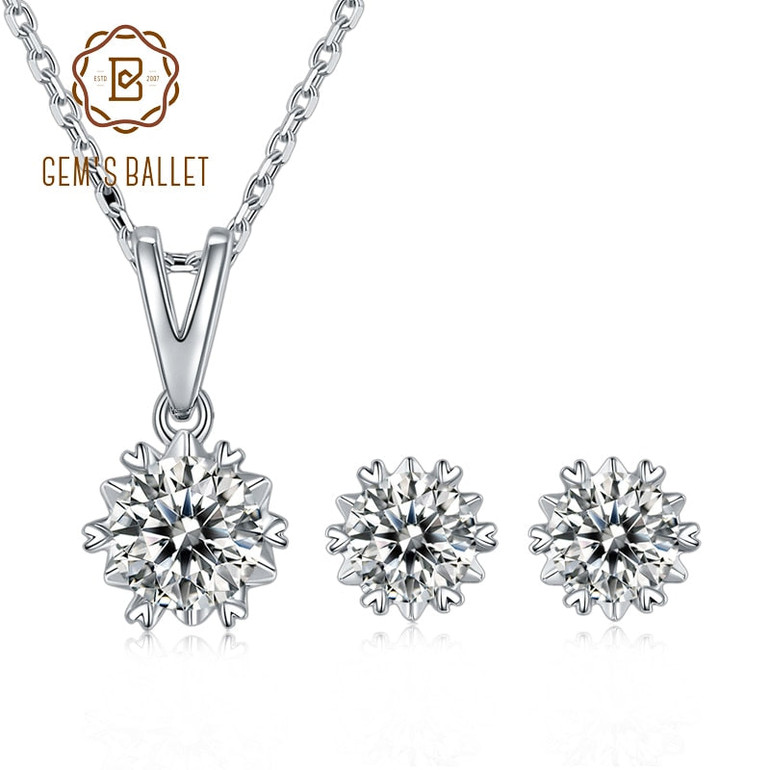 GEM'S BALLET 925 Sterling Silver Moissanite Snowflake Jewelry Set Round D Color Moissanite Diamond Earrings Pendant Necklace Set