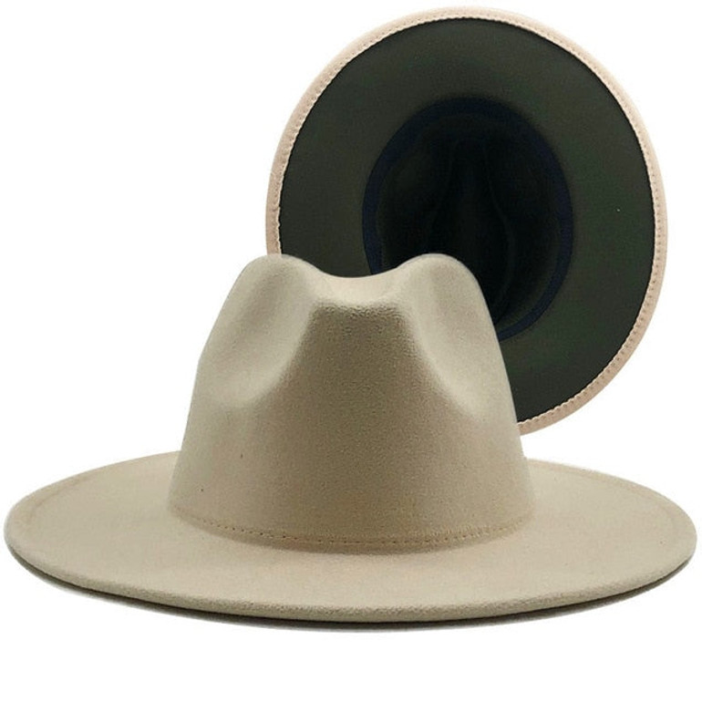 New Outer cream Inner Army Green Wool Felt Jazz Fedora Hats with Thin Belt Buckle Men Women Wide Brim Panama Trilby Cap 60CM