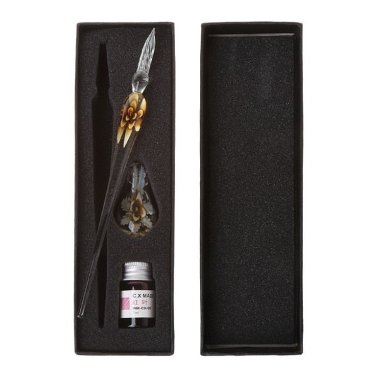 Glass Dip Pen Set with 1 Ink Vintage Handmade Art Elegant Crystal Floral Glass Dip Pen Sign Ink Pens Gift Writing Supplies
