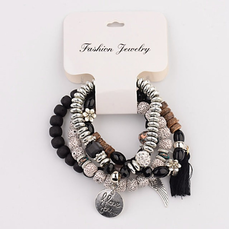 OIQUEI Vintage 4Pcs/Lot Women Bracelets Set Bohemia Charm CZ Hand Natural Stone Beads Tassel Pendents Bracelets Pour Les Femmes