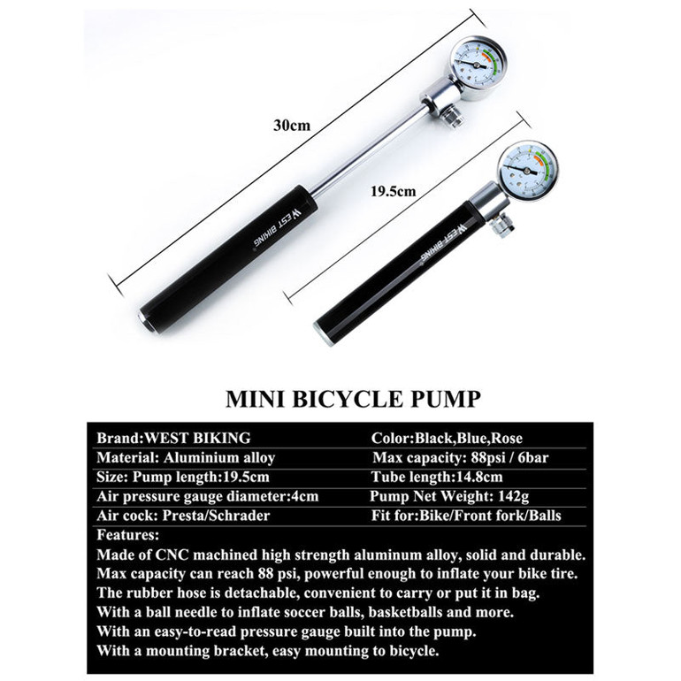 Mini Bicycle Pump With Pressure Gauge