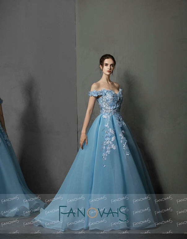 Blue Off Shoulder Evening Dresses Long With 3D Flowers Prom Dresses 2019 vestidos de fiesta largos elegantes de gala Blue Off Shoulder Evening Dresses Long With 3D Flowers Prom Dresses 2019 vestidos de fiesta largos elegantes de gala