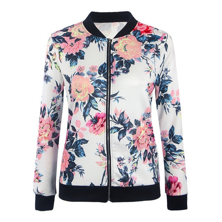 Women Retro Flower Floral Print Jacket Zipper Bomber Collar Slim Coat Casual Outwear Female Autumn Spring Jacket Fashion Ladies