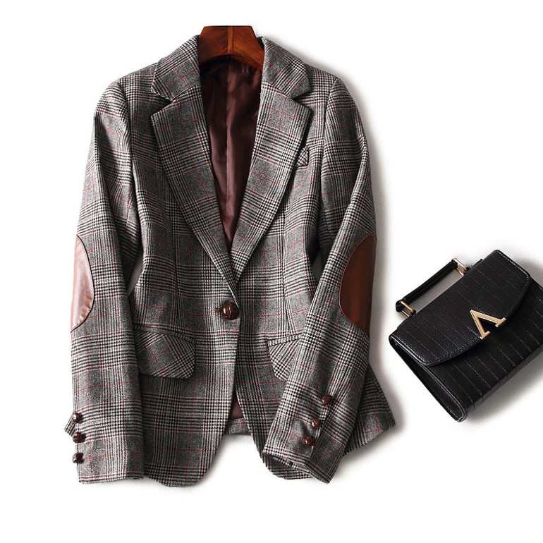 Blazer 2015 New Fashion Autumn Winter Women Plaid Wool Leather Patchwork One Button Slim Blazers Coat Casual Jackets OUTERWEAR