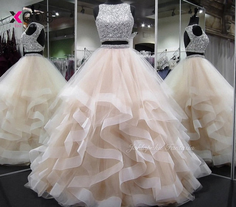 XCOS Two Piece Prom Dress Bead Bodice Vestidos de fiesta largos elegantes de gala Ball Gown Formal Evening Dress Gala jurken
