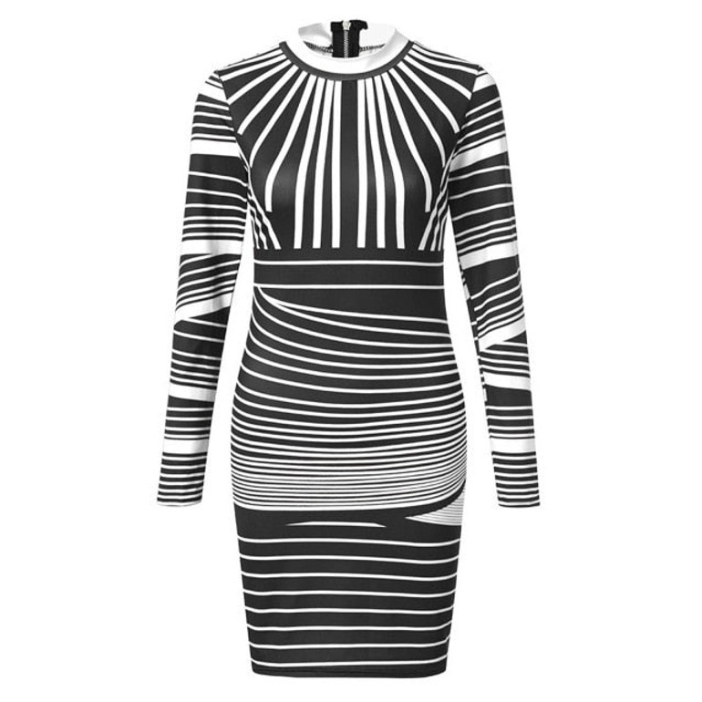 Sexy Dresses Party Night Club Dress 2020 Women Long Sleeves Bodycons Striped Printed Zipper Dress Winter Robe Femme Hiver