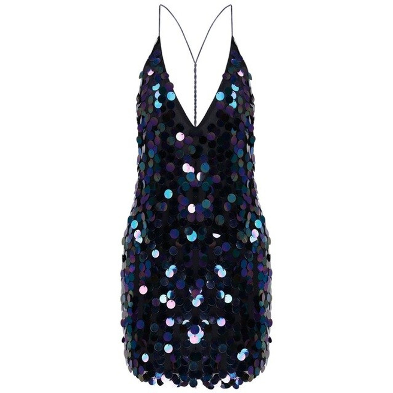 Women Sexy Backless Sequins Glitter Deep V Neck Dress Ladies Bandage Bodycon Sleeveless Evening Party Club Short Mini Dress Women Sexy Backless Sequins Glitter Deep V Neck Dress Ladies Bandage Bodycon Sleeveless Evening Party Club Short Mini Dress