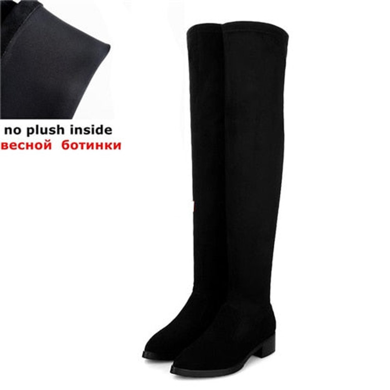 Knee Boots Black Cow Leather+Flock Thigh High Boots Women Pointed Toe Flat Women Thigh Boots Knee High Boots JD01 MUYISEXI