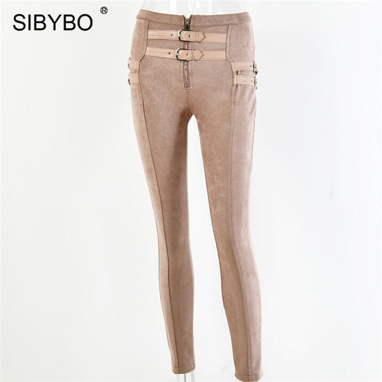 SIBYBO Suede Skinny High Waist Casual Women Pants Fashion Belt Buckle Pencil Pants Women Solid Autumn Sexy Trousers Women 2019 SIBYBO Suede Skinny High Waist Casual Women Pants Fashion Belt Buckle Pencil Pants Women Solid Autumn Sexy Trousers Women 2019
