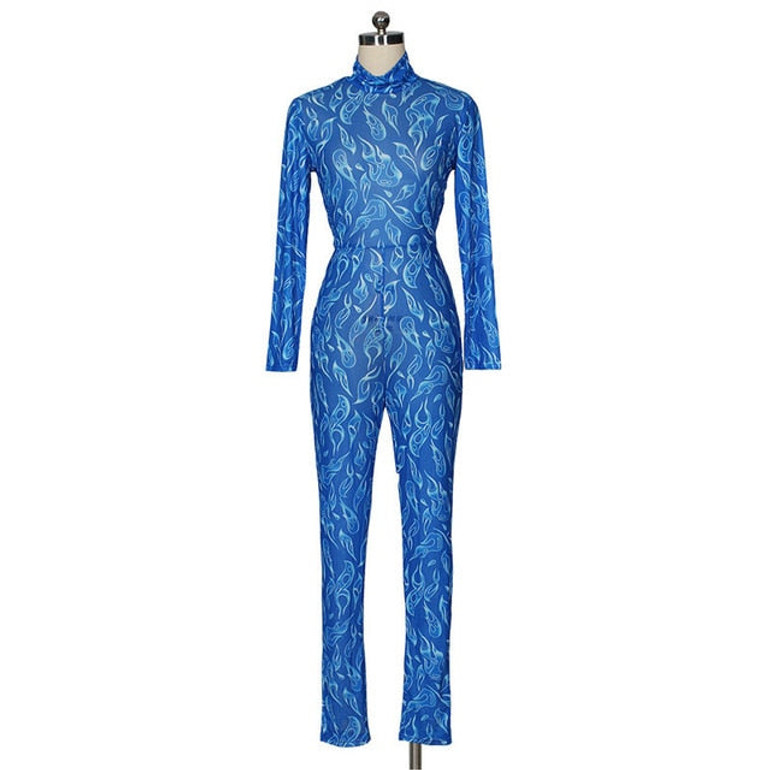 Sexy Blue Sheer Mesh Jumpsuit Rompers Women Autumn Winter Long Sleeve Turtleneck Print Skinny See-through Party Club Overalls