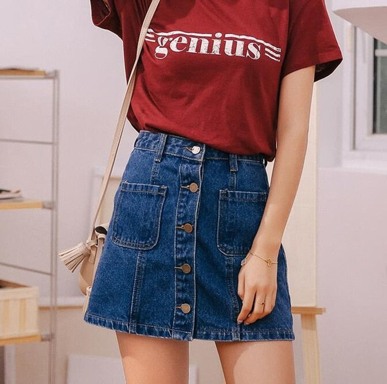 Denim Skirt High Waist A-line Mini Skirts Women 2019 Summer New Arrivals Single Button Pockets Blue Jean Skirt Style Saia Jeans