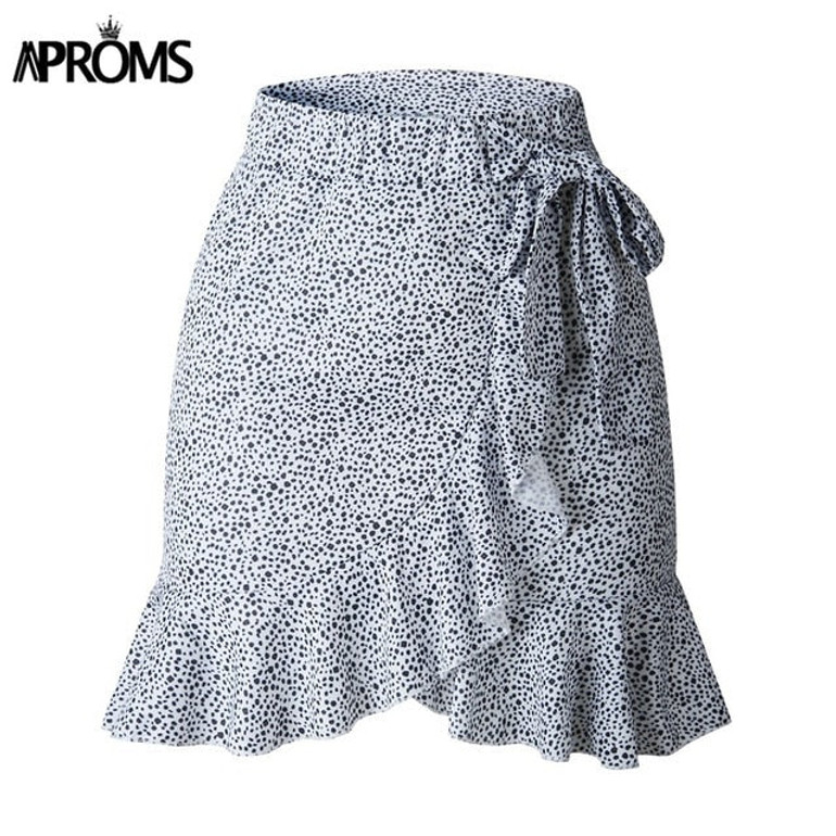 Aproms Multi Dot Print Short Mini Skirts Women Summer Ruffle High Waist Bow Tie Skirt Ladies Streetwear Slim Bottoms Saias 2019
