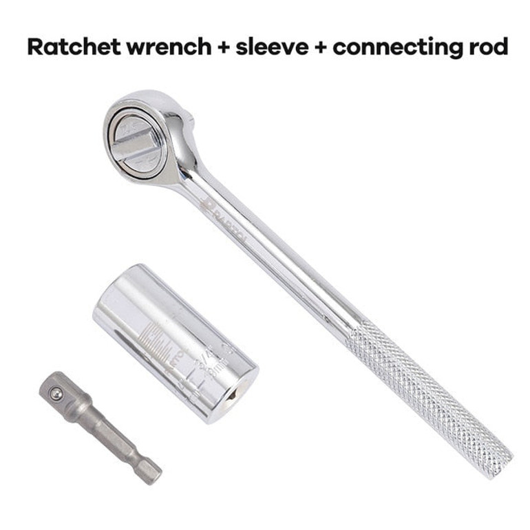 Multi Universal Ratchet Socket 7-19mm Power Drill Adapter Torque Wrench Head Set Sleeve Spanner Key Grip Car Hand Tools