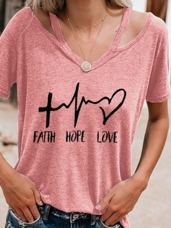 V Neck Hollow Out Short Sleeve Letters Printed T-Shirts