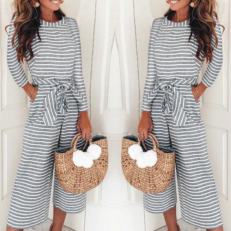 Long-Sleeved Striped Print Jumpsuits